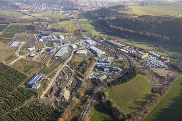 Aerial view, industrial park Hochsauerland, federal road B511, Bad Fredeburg, Wormbach, Schmallenberg, Sauerland, North Rhine-Westphalia, Germany, Bettenkamp, DE, Dickel-Holz GmbH, Europe, commercial enterprises, commercial area, commercial park, commercial location, commercial use, industrial area, industrial building, industrial location, aerial photograph, aerial photography, aerial photography, overview, bird's-eye view, overview