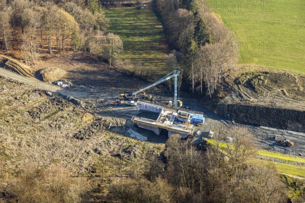 Aerial view, bridge construction bypass road L776n, Fredeburg, Schmallenberg, Sauerland, North Rhine-Westphalia, Germany, construction work, construction, construction area, building site, building plots, construction project, construction site, bridge, DE, Europe, aerial view, aerial photography, aerial photography, new construction, road construction, overview, bird's eye view, birds-eyes view, overview