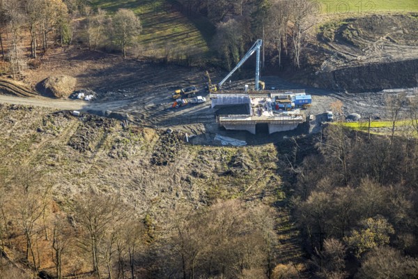 Aerial view, bridge construction bypass road L776n, Fredeburg, Schmallenberg, Sauerland, North Rhine-Westphalia, Germany, construction work, construction, construction area, building site, building plots, construction project, construction site, bridge, DE, Europe, aerial view, aerial photography, aerial photography, new construction, road construction, overview, bird's eye view, birds-eyes view, overview