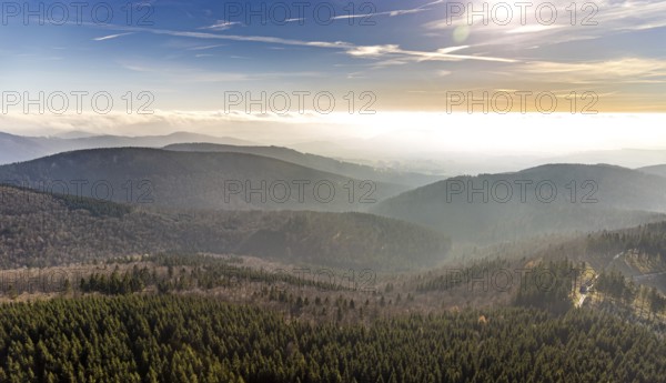 Aerial view, forest hilly landscape in fog, Rimberg, Fredeburg, Schmallenberg, Sauerland, North Rhine-Westphalia, Germany, DE, haze, Europe, distant view, shapes and colours, backlight, aerial view, aerial photography, aerial photography, fog, overview, bird's-eye view, forest, forest area, birds-eyes view, overview