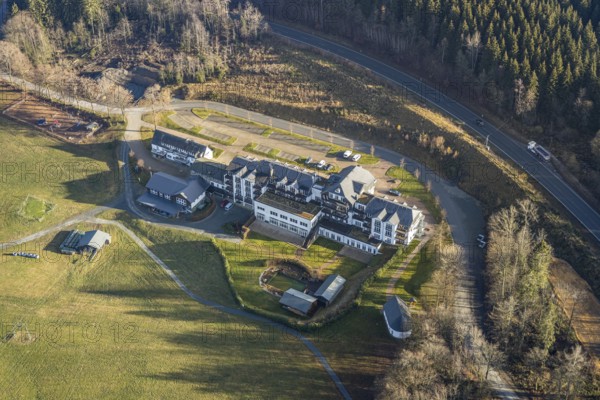 Aerial photo, Hotel Rimberg, Osterwald, Schmallenberg, Sauerland, North Rhine-Westphalia, Germany, DE, Europe, gastronomy, hotel, hotel facilities, hotel business, aerial photo, aerial photography, aerial photography, Rimberg, overview, bird's-eye view, forest area, birds-eyes view, overview