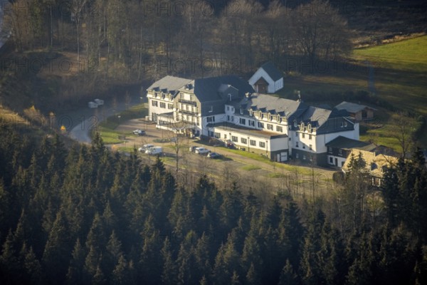 Aerial photo, Hotel Rimberg, Osterwald, Schmallenberg, Sauerland, North Rhine-Westphalia, Germany, DE, Europe, gastronomy, hotel, hotel facilities, hotel business, aerial photo, aerial photography, aerial photography, Rimberg, overview, bird's-eye view, forest area, birds-eyes view, overview
