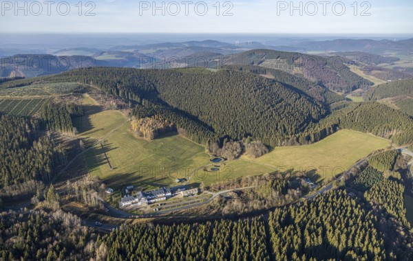 Aerial view, Hotel Rimberg, forest area, wind turbines, Osterwald, Schmallenberg, Sauerland, North Rhine-Westphalia, Germany, DE, Europe, gastronomy, hotel, hotel facilities, hotel business, hilly landscape, aerial view, aerial photography, aerial photography, mixed forest, Rimberg, overview, bird's eye view, forest, forest damage, forest dieback, birds-eyes view, overview