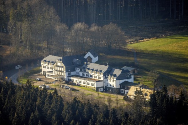 Aerial photo, Hotel Rimberg, Osterwald, Schmallenberg, Sauerland, North Rhine-Westphalia, Germany, DE, Europe, gastronomy, hotel, hotel facilities, hotel business, aerial photo, aerial photography, aerial photography, Rimberg, overview, bird's-eye view, forest area, birds-eyes view, overview