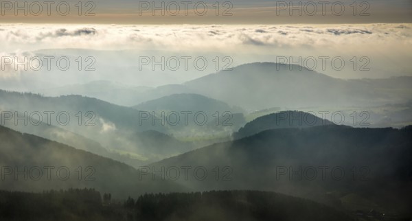 Aerial view, fog in hilly landscape, Oberkirchen, Schmallenberg, Sauerland, North Rhine-Westphalia, Germany, DE, haze, Europe, distant view, shapes and colours, hilly landscape, aerial view, aerial photography, aerial photography, fog, overview, bird's-eye view, forest, clouds, birds-eyes view, overview