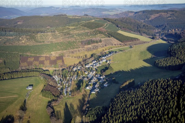 Aerial view, local view and forest area Osterwald, Schmallenberg, Sauerland, North Rhine-Westphalia, Germany, forestation, bark beetle, DE, Europe, property tax, hilly landscape, real estate, aerial view, aerial photography, aerial photography, mixed forest, overview, bird's-eye view, forest, forest area, forest damage, forest dieback, forest area, residential complex, residential area, residential buildings, residential quality, residential neighbourhood, housing estate, birds-eyes view, overview