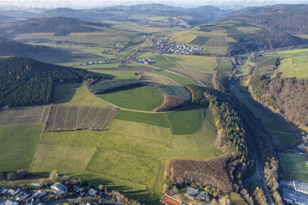 Aerial view, meadows and forest pattern near Bödefeld, Westernbödefeld, Schmallenberg, Sauerland, North Rhine-Westphalia, Germany, DE, Europe, shapes and colours, circular shape, aerial view, aerial photography, aerial photography, overview, bird's-eye view, overview, forest conservation, tree planting, YingYang pattern