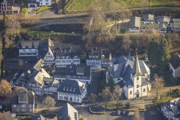 Aerial view, catholic church St. Cosmas and Damian, Landhotel Albers, half-timbered houses, Bödefeld, Schmallenberg, Sauerland, North Rhine-Westphalia, Germany, place of worship, DE, Europe, half-timbered houses, inn, guesthouse, gastronomy, religious community, place of worship, Graf-Gottfried-Straße, holy site, hotel, hotel facilities, hotel business, church, church community, denomination, aerial photograph, aerial photography, aerial photography, religion, religious site, overview, bird's eye view, birds-eyes view, overview