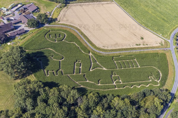 Aerial photo of Baür Lünemann's corn maze in Selm Cappenberg. This year's theme is Europe. Selm, Ruhr area, North Rhine-Westphalia, Germany, Selm, DE, Europe, aerial photo, birds-eyes view, aerial photography, aerial photography, overview, bird's-eye view