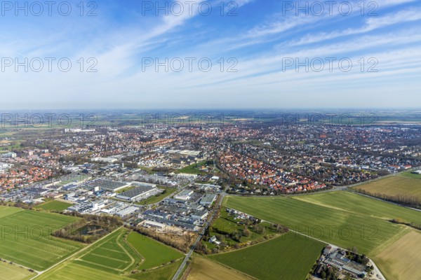 Aerial view, aerial view, commercial area Soest South-West, Werler Landstraße, Soest, Soester Börde, North Rhine-Westphalia, Germany, DE, Europe, distant view, commercial enterprises, commercial area, commercial location, commercial use, property tax, real estate, industrial area, industrial location, aerial photograph, aerial photography, aerial photography, overview, bird's-eye view, meadows and fields, living and life, residential area, residential buildings, birds-eyes view, overview