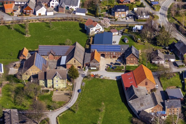 Aerial photo, agricultural business farm, Ampen, Soest, Soester Börde, North Rhine-Westphalia, Germany, DE, Europe, agricultural business, aerial photo, aerial photography, aerial photography, photovoltaics, photovoltaic system, solar, solar system, solar energy, solar energy, overview, bird's eye view, birds-eyes view, overview