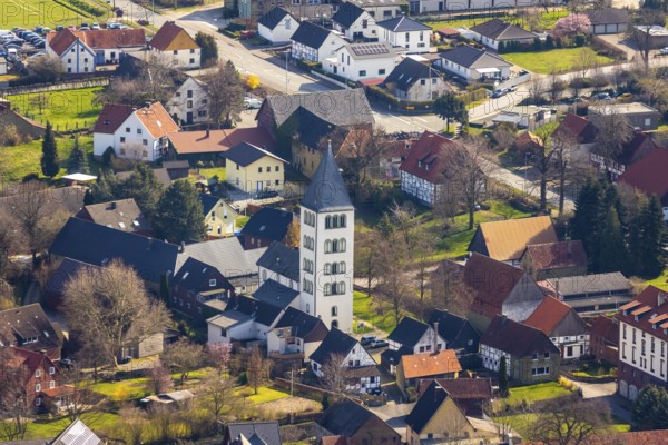 Aerial view, protestant church St. Andreas, Ostönnen, Soest, Soester Börde, North Rhine-Westphalia, Germany, place of worship, DE, monument protection, village church, Europe, religious community, place of worship, church, parish, church square, denomination, aerial view, aerial photography, aerial photography, religion, overview, bird's-eye view, overview