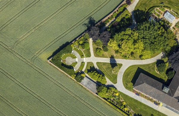 Aerial view, monastery garden, St. Clare Capuchin Monastery, Senden, Münsterland, North Rhine-Westphalia, Germany, Clarissen monastery, DE, Europe, shapes and colours, Franciscan order, house of pastoral care, Clarissen monastery, monastery, aerial photograph, aerial photography, aerial photography, overview, bird's-eye view, birds-eyes view, overview
