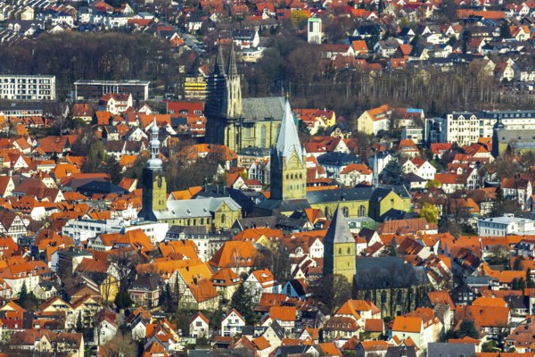 Aerial view, city centre view, old town, protestant church Sankt Maria zur Wiese, St. Petri Alde Kerke, St. Patrokli-Dom, Sankt Pauli Kirche, St. Albertus-Magnus-Kirche, Soest, Soester Börde, North Rhine-Westphalia, Germany, place of worship, City, DE, Domplatz, Europe, religious community, place of worship, property tax, real estate, church, parish, denomination, aerial view, aerial photography, aerial photography, Paulistraße, Petrikirchhof, religion, overview, bird's-eye view, Wiesenstraße, living and life, residential area, residential buildings, birds-eyes view, overview, red roofs, red house roofs