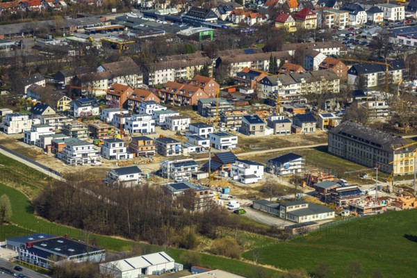 Aerial view, construction area Belgian Quarter, new residential area, Soest, Soester Börde, North Rhine-Westphalia, Germany, construction work, construction area, construction site, building plots, construction crane, construction measure, construction project, construction site, DE, development, Europe, property tax, real estate, capacity requirement, aerial photograph, aerial photography, aerial photography, Meiningser Weg, new construction, overview, bird's eye view, residential complex, living and living, residential area, residential buildings, birds-eyes view, former ADAM barracks, overview