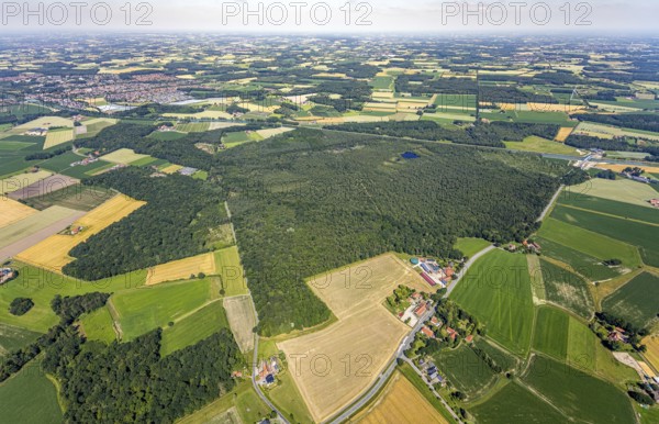 Aerial view, Venner Moor nature reserve, Dortmund-Ems canal, local view, Senden, Münsterland, North Rhine-Westphalia, Germany, DE, Europe, distant view, farmsteads, canal, LSG, landscape conservation area, agricultural fields, aerial view, aerial photography, aerial photography, NSG, nature reserve, nature conservation area, plots, lake, townscape, urban area, pond, overview, environmental protection, bird's eye view, forest area, meadows and fields, birds-eyes view, landw, overview