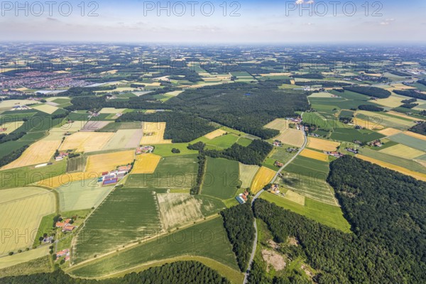 Aerial view, Venner Moor nature reserve, Dortmund-Ems canal, local view, Senden, Münsterland, North Rhine-Westphalia, Germany, DE, Europe, distant view, farmsteads, canal, LSG, landscape conservation area, agricultural fields, aerial view, aerial photography, aerial photography, NSG, nature conservation, nature reserve, plots, townscape, urban area, overview, environmental protection, bird's eye view, forest area, meadows and fields, birds-eyes view, agricultural, overview