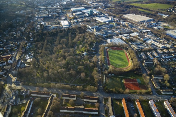 Aerial view, sports ground of the Linderhausen football club, Jesinghauser Straße, Oehde cemetery, Schwelm, Ruhr area, North Rhine-Westphalia, Germany, burial ground, DE, Europe, cemetery, football pitch, football stadium, football club, memorial site, commercial area, commercial use, Gottesacker, graves, burial ground, aerial view, aerial photography, aerial photography, resting place, sports, sports facilities, sports field, sports facility, overview, bird's-eye view, woodland, birds-eyes view, overview