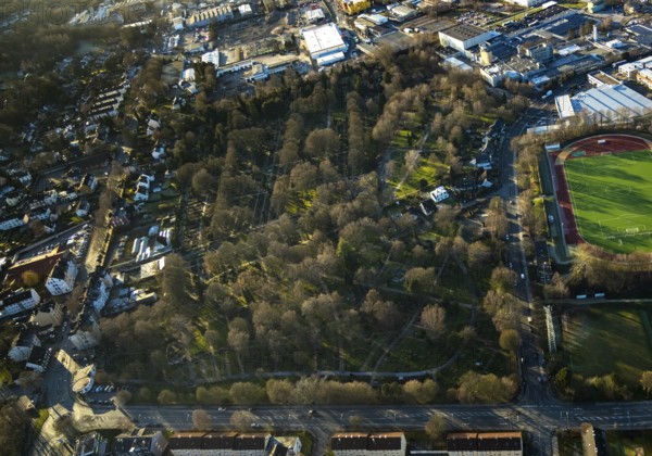 Aerial view, sports ground of the Linderhausen football club, Jesinghauser Straße, Oehde cemetery, Schwelm, Ruhr area, North Rhine-Westphalia, Germany, burial ground, DE, Europe, cemetery, football pitch, football stadium, football club, memorial site, commercial area, commercial use, Gottesacker, graves, burial ground, aerial view, aerial photography, aerial photography, resting place, sports, sports facilities, sports field, sports facility, overview, bird's-eye view, woodland, birds-eyes view, overview