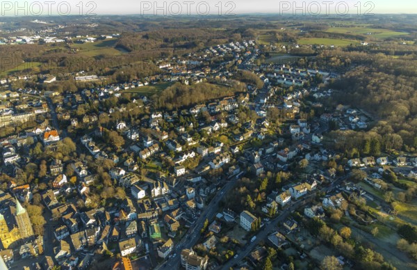 Aerial view, city centre view, old town, residential area, Schwelm, Ruhr area, North Rhine-Westphalia, Germany, DE, Europe, property tax, hilly landscape, real estate, Kölner Straße, aerial view, aerial photography, aerial photography, overview, bird's eye view, forest area, Windmühlenstraße, living and life, residential buildings, quality of life, birds-eyes view, overview