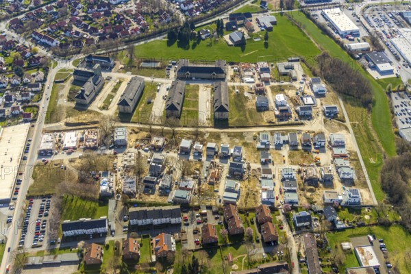 Aerial view, Belgisches Viertel development area, new residential area, Soest, Soester Börde, North Rhine-Westphalia, Germany, DE, Europe, distant view, property tax, real estate, aerial view, aerial photography, aerial photography, Meininger Weg, overview, bird's eye view, meadows and fields, living and living, residential area, residential buildings, birds-eyes view, overview