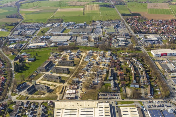 Aerial view, Belgisches Viertel construction area, new residential area, Soest Süd-West commercial area, Werler Landstraße, Soest, Soester Börde, North Rhine-Westphalia, Germany, DE, Europe, distant view, commercial enterprises, commercial area, commercial area, commercial location, commercial use, property tax, real estate, industrial area, industrial location, aerial view, aerial photography, aerial photography, Meininger Weg, overview, bird's-eye view, meadows and fields, living and life, residential area, residential buildings, birds-eyes view, overview