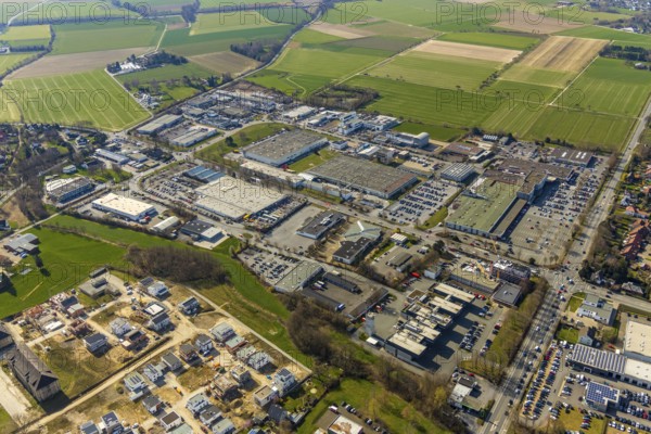 Aerial view, Belgisches Viertel construction area, new residential area, Soest Süd-West commercial area, Werler Landstraße, Soest, Soester Börde, North Rhine-Westphalia, Germany, DE, Europe, distant view, commercial enterprises, commercial area, commercial area, commercial location, commercial use, property tax, real estate, industrial area, industrial location, aerial view, aerial photography, aerial photography, Meininger Weg, overview, bird's-eye view, meadows and fields, living and life, residential area, residential buildings, birds-eyes view, overview