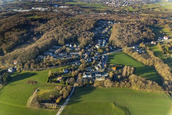 Aerial view, local view Linderhausen, view to Sprockhövel, Schwelm, Ruhr area, North Rhine-Westphalia, Germany, DE, DRK Bildungsinstitut Schwelm, Europe, volunteer fire brigade fire brigade Linderhausen, cemetery Linderhausen, Lindenbergstraße, aerial view, aerial photography, aerial photography, overview, bird's eye view, forest area, meadows and fields, Wittener Straße, birds-eyes view, overview