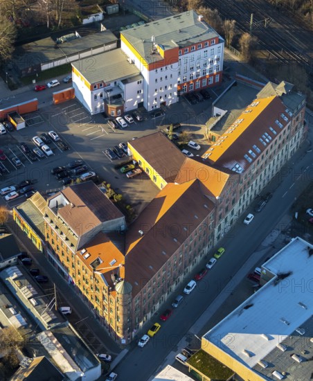 Aerial view, industrial building Kulturfabrik Ibach-Haus, Wilhelmstraße, Schwelm, Ruhr area, North Rhine-Westphalia, Germany, DE, shopping place, Europe, Kulturfabrik, Kulturfabrik Ibach-Haus, cultural centre, aerial photograph, aerial photography, aerial photography, overview, event location, bird's-eye view, birds-eyes view, overview