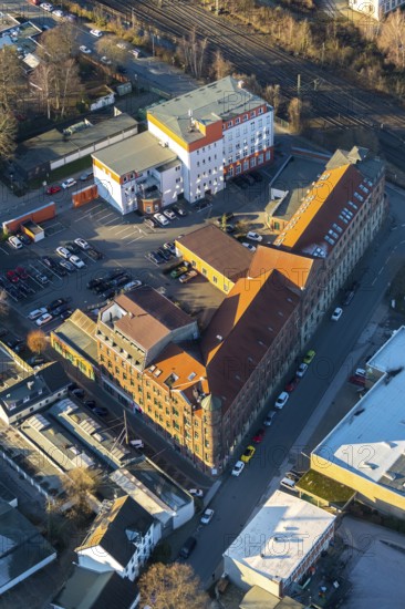 Aerial view, industrial building Kulturfabrik Ibach-Haus, Wilhelmstraße, Schwelm, Ruhr area, North Rhine-Westphalia, Germany, DE, shopping place, Europe, Kulturfabrik, Kulturfabrik Ibach-Haus, cultural centre, aerial photograph, aerial photography, aerial photography, overview, event location, bird's-eye view, birds-eyes view, overview