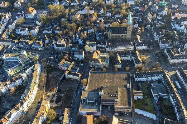 Aerial view, city centre view, shopping centre, Städtische Sparkasse zu Schwelm, renovation Christuskirche Schwelm, Altmarkt, Kirchplatz, Märkischer Platz, Schwelm, Ruhr area, North Rhine-Westphalia, Germany, Altstadt, City, DE, Europe, religious community, place of worship, city centre, church, church congregation, denomination, aerial view, aerial photography, aerial photography, religion, city centre, overview, bird's-eye view, overview