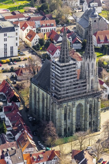 Aerial view, old town, protestant church Sankt Maria zur Wiese, renovation, Soest, Soester Börde, North Rhine-Westphalia, Germany, place of worship, DE, Europe, religious community, place of worship, church, parish, denomination, aerial photograph, aerial photography, aerial photography, religion, overview, bird's-eye view, Wiesenstraße, birds-eyes view, overview