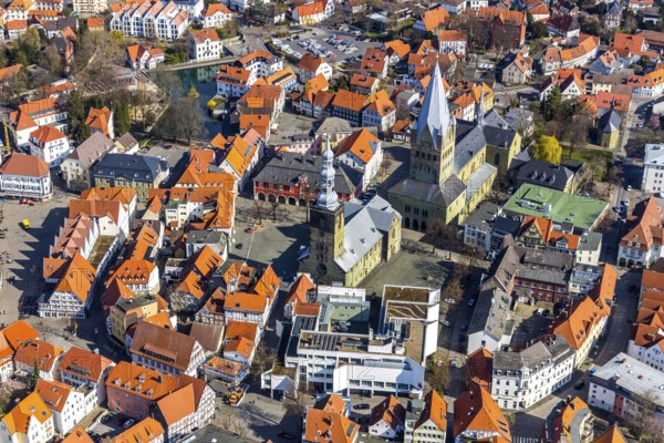 Aerial view, city centre view, old town, St. Petri Alde Kerke, St. Patrokli Cathedral, Soest, Soester Börde, North Rhine-Westphalia, Germany, place of worship, city, DE, cathedral square, Europe, religious community, place of worship, property tax, real estate, church, church community, denomination, aerial view, aerial photography, aerial photography, Petrikirchhof, religion, overview, bird's-eye view, living and life, residential area, residential buildings, birds-eyes view, overview, red roofs, red house roofs
