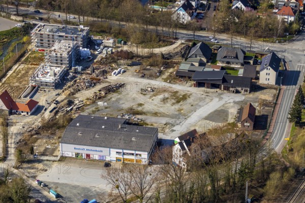 Aerial photo, Uferhaus am Soestbach construction area, Soest, Soester Börde, North Rhine-Westphalia, Germany, construction work, construction area, construction site, building plots, construction project, construction site, DE, Europe, Feldmühlenweg, property tax, real estate, capacity requirements, aerial photograph, aerial photography, aerial photography, new construction, overview, bird's-eye view, residential complex, living and living, residential buildings, residential neighbourhood, birds-eyes view, overview