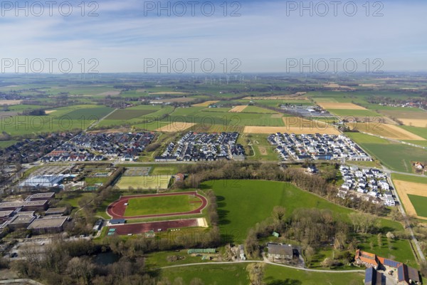 Aerial view, residential area settlement Ardeyweg, sports facility at the school centre, AquaFun AquaSpa Saunawelt und Badewelt Soest, Soester Börde, North Rhine-Westphalia, Germany, DE, Europe, distant view, outdoor pool, leisure facility, leisure pool, leisure activities, property tax, real estate, aerial view, aerial photography, aerial photography, swimming pool, Soest, sports facilities, sports field, sports facility, overview, bird's-eye view, meadows and fields, residential complex, living and life, residential area, residential buildings, residential quality, residential neighbourhood, housing estate, birds-eyes view, overview