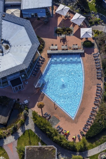 Aerial view, AquaFun, AquaSpa, sauna world and bathing world, Soest, Soester Börde, North Rhine-Westphalia, Germany, bathing establishment, bathing resort, DE, Europe, outdoor pool, leisure, aerial view, aerial photography, aerial photography, swimming pool, sun loungers, overview, bird's eye view, wellness, birds-eyes view, overview