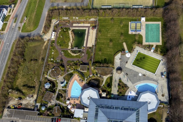 Aerial view, AquaFun, AquaSpa, sauna world and bathing world, Soest, Soester Börde, North Rhine-Westphalia, Germany, bathing establishment, bathing resort, DE, Europe, outdoor pool, leisure, aerial view, aerial photography, aerial photography, swimming pool, overview, bird's eye view, wellness, birds-eyes view, overview
