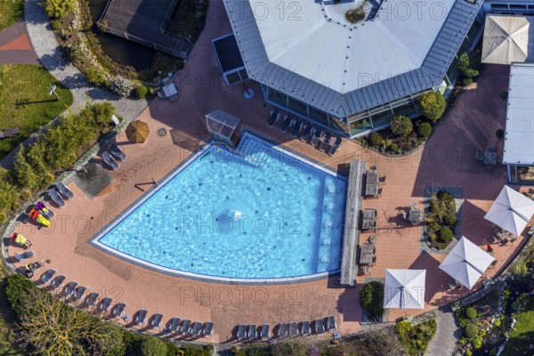 Aerial view, AquaFun, AquaSpa, sauna world and bathing world, Soest, Soester Börde, North Rhine-Westphalia, Germany, bathing establishment, bathing resort, DE, Europe, outdoor pool, leisure, aerial view, aerial photography, aerial photography, swimming pool, sun loungers, overview, bird's eye view, wellness, birds-eyes view, overview