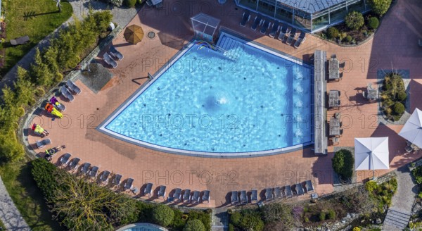 Aerial view, AquaFun, AquaSpa, sauna world and bathing world, Soest, Soester Börde, North Rhine-Westphalia, Germany, bathing establishment, bathing resort, DE, Europe, outdoor pool, leisure, aerial view, aerial photography, aerial photography, swimming pool, sun loungers, overview, bird's eye view, wellness, birds-eyes view, overview