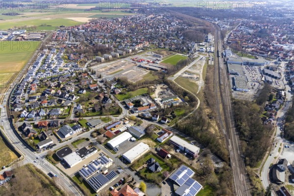 Aerial view, Teinenkamp development area, former Jahnplatz, Soest, Soester Börde, North Rhine-Westphalia, Germany, construction area, building site, building plots, construction project, DE, Europe, property tax, real estate, capacity requirements, aerial photograph, aerial photography, aerial photography, overview, bird's-eye view, residential complex, living and living, residential area, residential buildings, residential neighbourhood, housing estate, bird's-eye view, overview
