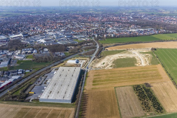 Aerial view, Also Actebis logistics centre, Opmünder Weg, building site on Opmünder Weg, Soest, Soester Börde, North Rhine-Westphalia, Germany, building site, building plots, federal road B475, DE, Europe, freight transport, capacity requirements, logistics, logistics centre, aerial photograph, aerial photography, aerial photography, overview, bird's-eye view, overview