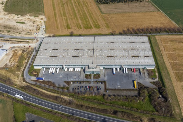 Aerial photo, Also Actebis logistics centre, Opmünder Weg, Soest, Soester Börde, North Rhine-Westphalia, Germany, construction area, building plots, federal road B475, DE, Europe, capacity requirement, aerial photo, aerial photography, aerial photography, overview, bird's-eye view, birds-eyes view, overview