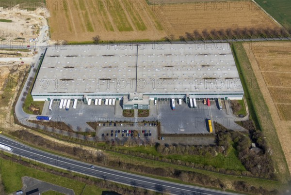 Aerial photo, Also Actebis logistics centre, Opmünder Weg, Soest, Soester Börde, North Rhine-Westphalia, Germany, construction area, building plots, federal road B475, DE, Europe, capacity requirement, aerial photo, aerial photography, aerial photography, overview, bird's-eye view, birds-eyes view, overview