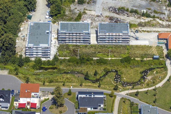 Aerial view, three residential buildings at the renaturalised Soestbach, former outdoor swimming pool soest, Soest, Soester Börde, North Rhine-Westphalia, Germany, DE, Europe, birds-eyes view, aerial view, aerial photography, aerial photography, overview, overview, bird's eye view