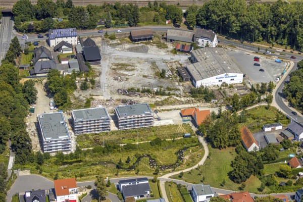 Aerial view, three residential buildings at the renaturalised Soestbach, former outdoor swimming pool soest, Soest, Soester Börde, North Rhine-Westphalia, Germany, DE, Europe, birds-eyes view, aerial view, aerial photography, aerial photography, overview, overview, bird's eye view