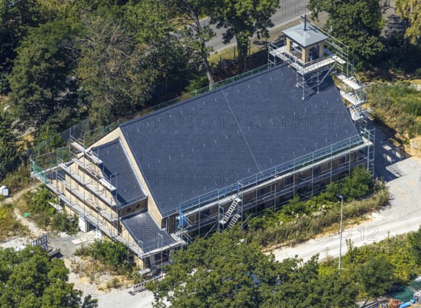Aerial view, former Kanaal van Wessem barracks, military chapel being restored, Hiddinser Weg, planned refugee camp, Soest, Soester Börde, North Rhine-Westphalia, Germany, DE, Europe, birds-eyes view, aerial view, aerial photography, aerial photography, overview, bird's eye view