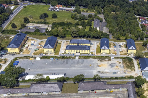 Aerial view, former Kanaal van Wessem barracks, military chapel being restored, Hiddinser Weg, planned refugee camp, Soest, Soester Börde, North Rhine-Westphalia, Germany, DE, Europe, birds-eyes view, aerial view, aerial photography, aerial photography, overview, bird's eye view