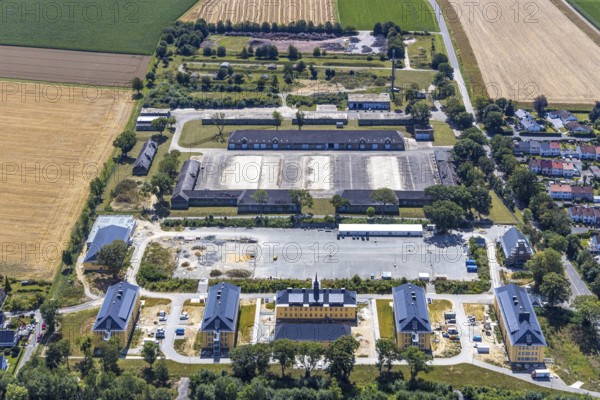 Aerial view, former Kanaal van Wessem barracks, military chapel being restored, Hiddinser Weg, planned refugee camp, Soest, Soester Börde, North Rhine-Westphalia, Germany, DE, Europe, birds-eyes view, aerial view, aerial photography, aerial photography, overview, bird's eye view