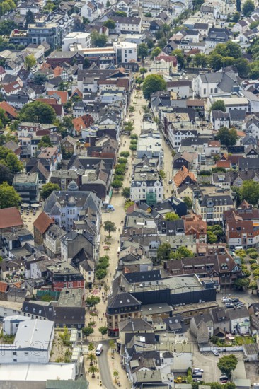 Aerial view, pedestrian zone, city centre, market place, old town hall, Menden, Sauerland, Märkischer Kreis, North Rhine-Westphalia, Germany, City, DE, shopping place, shopping street, shopping centre, Europe, local history museum, church square, cultural history, aerial view, aerial photography, aerial photography, museum, town view, townscape, city gate, city centre, overview, bird's eye view, birds-eyes view, overview