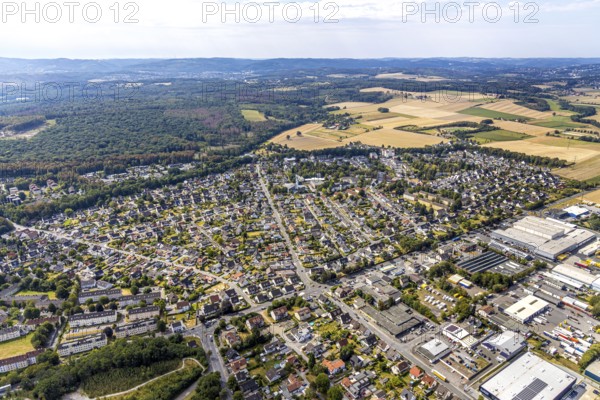 Aerial view, view of Platte Heide, meadows and fields, Menden, Sauerland, Märkischer Kreis, North Rhine-Westphalia, Germany, retirement home, old people's home, retirement home, place of worship, care and nursing, education, educational institution, Bonifatiusschule, DE, Europe, Platte Heide Community Primary School, religious community, place of worship, Jochen-Klepper-Haus, church, parish, denomination, educational institute, aerial photography, aerial photography, care facility, care home, religion, school, retirement home, retirement residence, retirement home, retirement centre, sports hall Bonifatiusschule Platte Heide, overview, bird's-eye view, bird's-eye view, kath. Church of St. Mary, overview